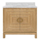 Wooden bathroom vanity with marble countertop on a white background