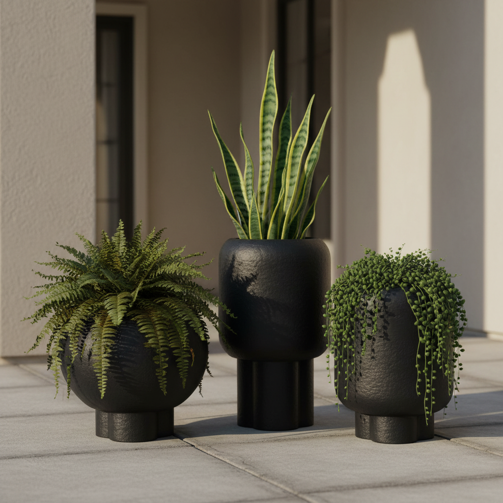 Three black planters with different plants on a patio