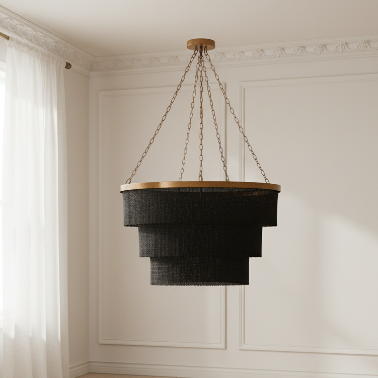 Black chandelier hanging in a room with white walls and wooden floor