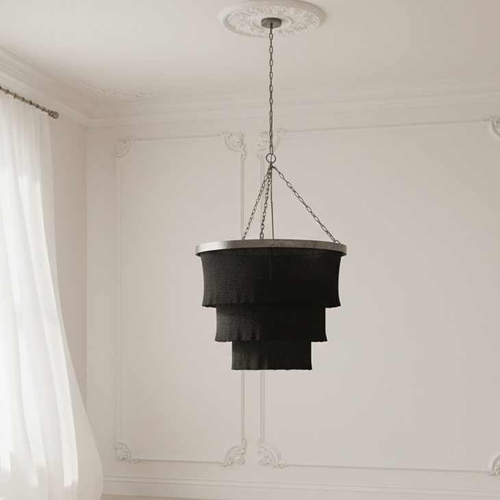 Black chandelier hanging in a room with white walls and curtains.
