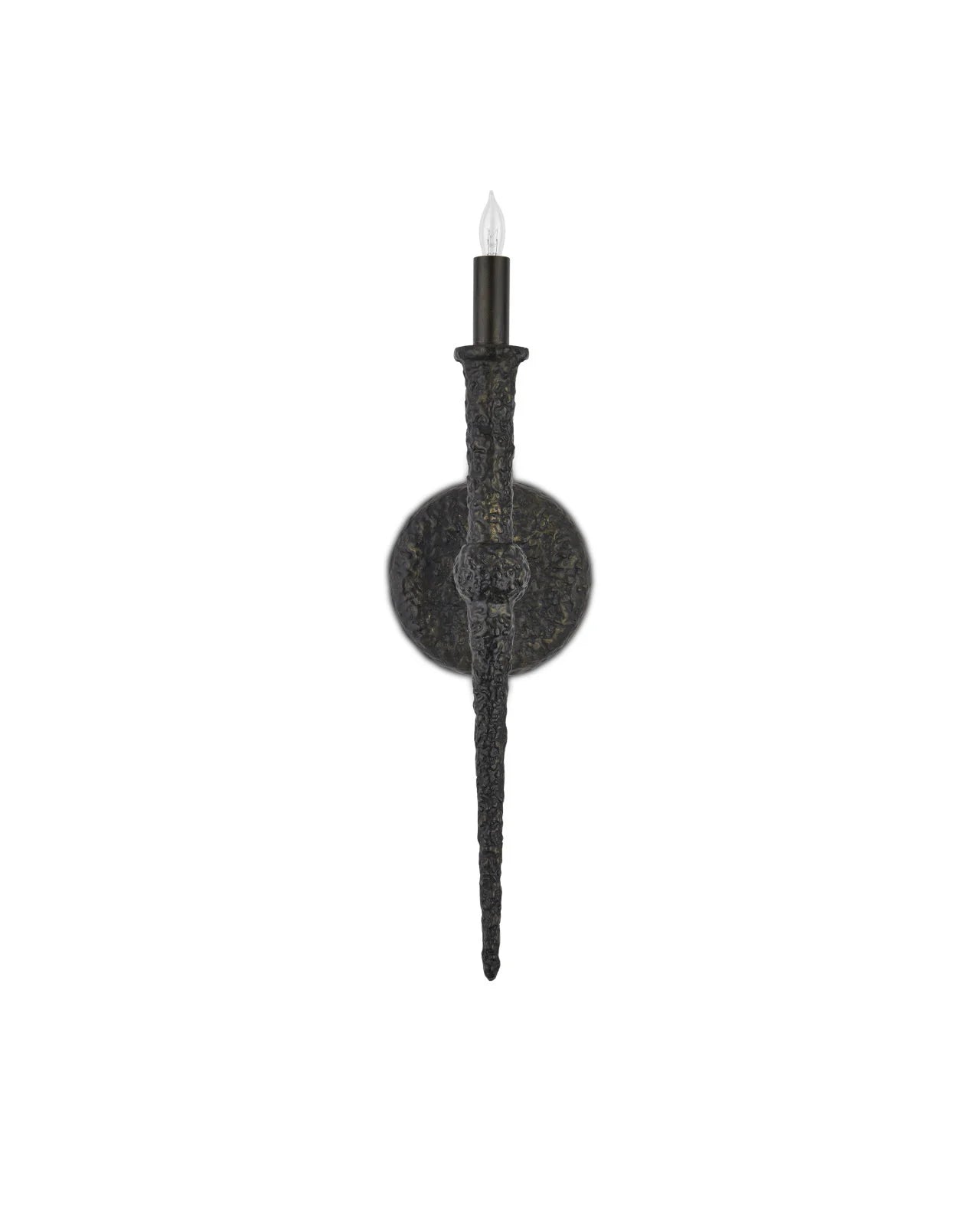 Decorative wall sconce with a dark finish on a white background
