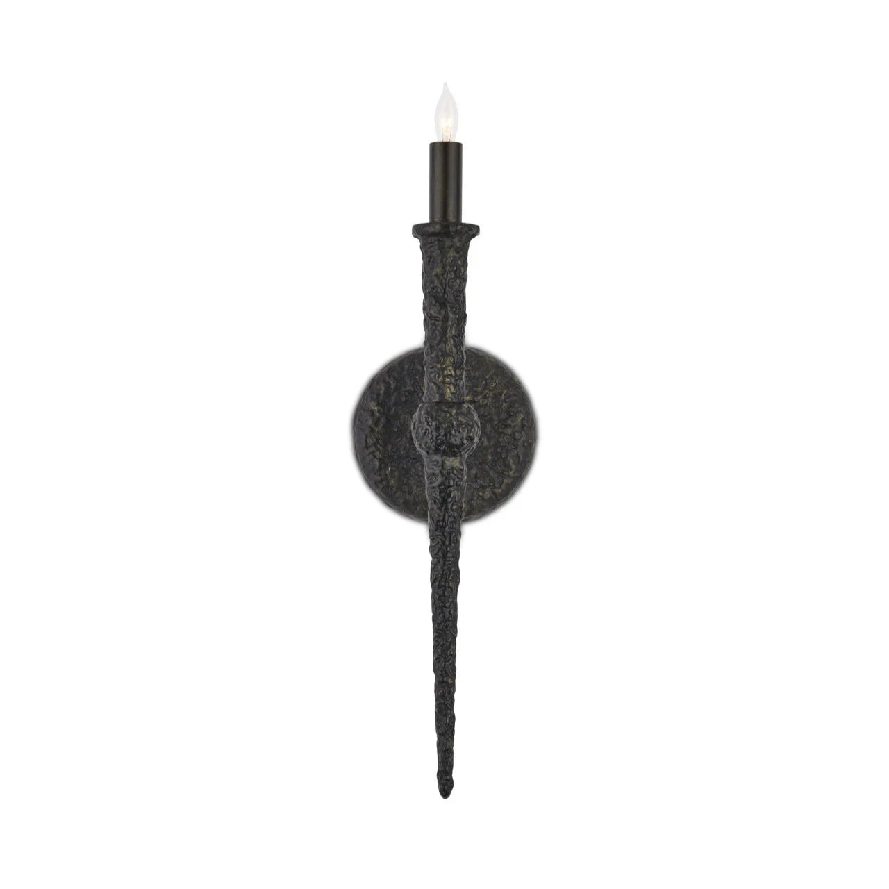 Decorative wall sconce with a black finish on a white background