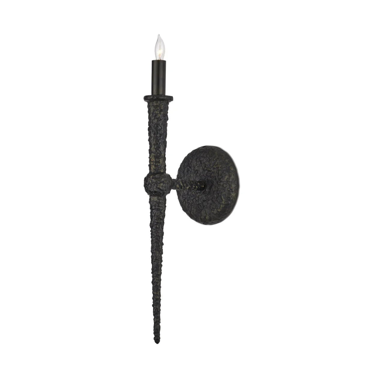 Black textured wall sconce on a white background