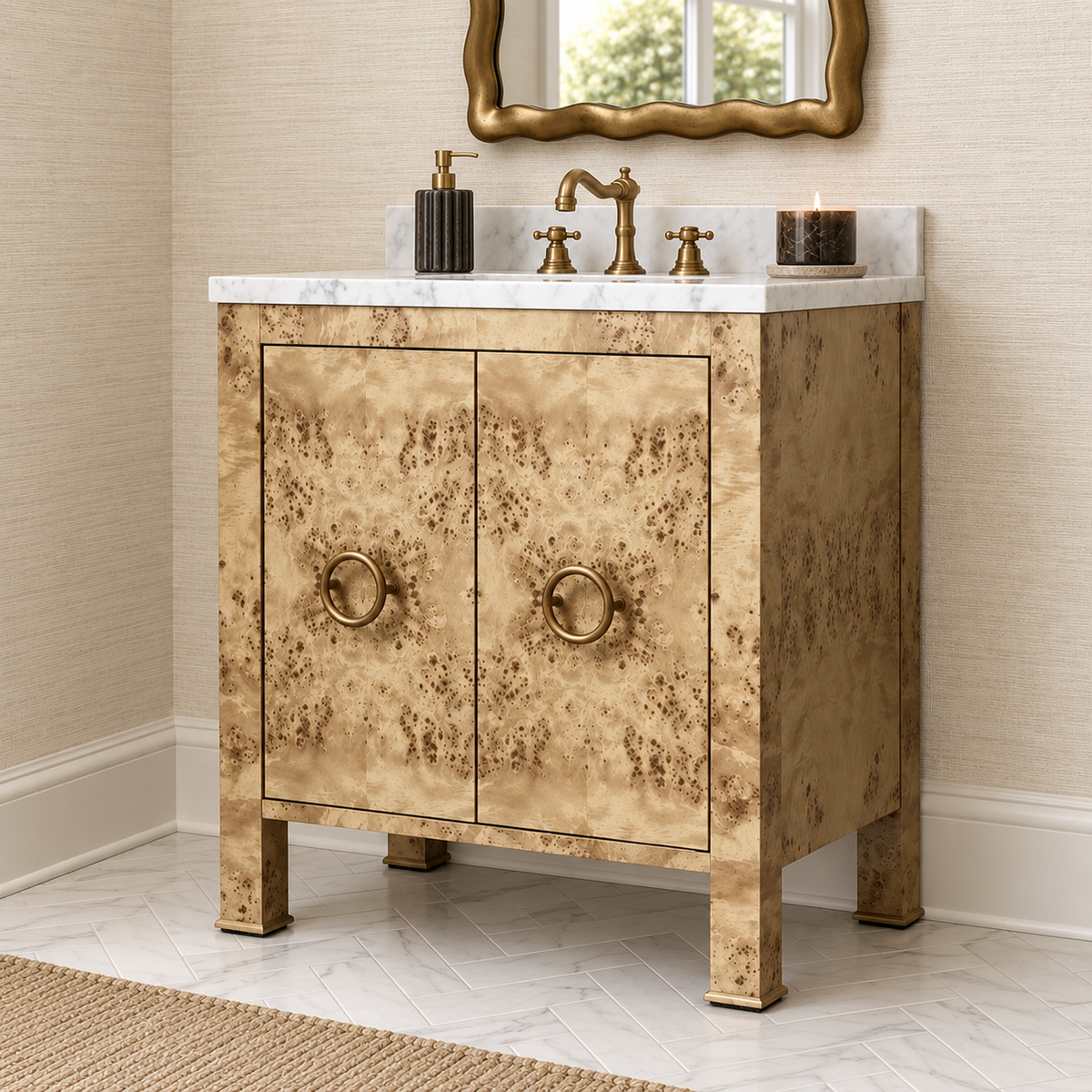 A bathroom vanity cabinet with a distressed gold and brown woodgrain finish, featuring two doors with round brass ring pulls, a white marble countertop, a gold faucet, and a matching gold-framed mirror above.