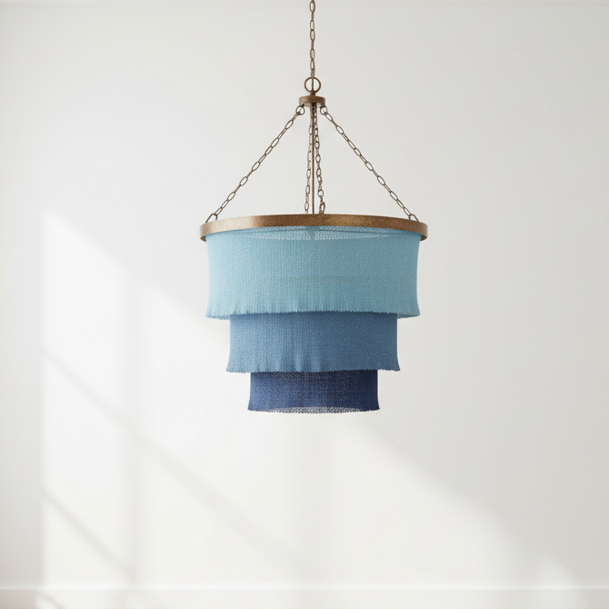 Blue tiered pendant light hanging in a room with white walls and wooden flooring.