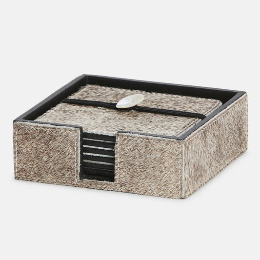 A square gray hair on hide coaster set