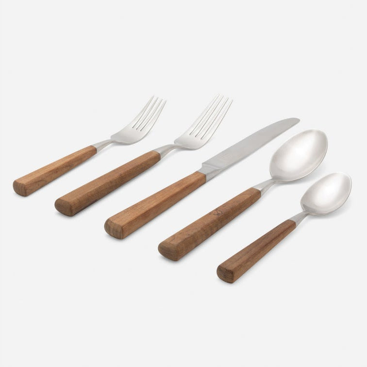 Five-piece flatware set with polished silver metal heads and warm brown wooden handles