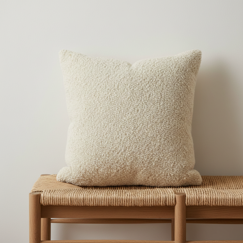 white textured pillow sitting on top of a neutral bench