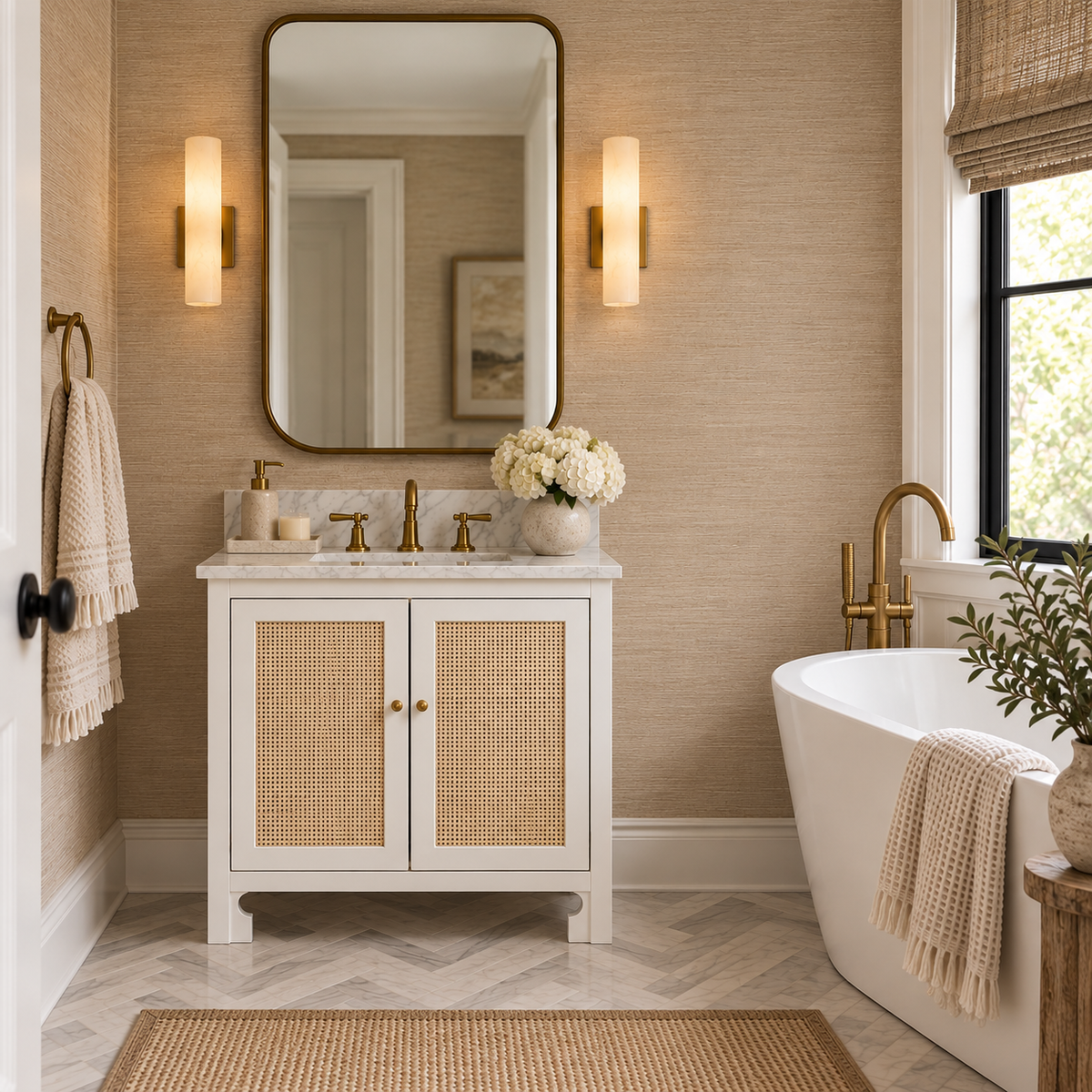 A styled bathroom interior featuring a white vanity cabinet with woven cane doors, a white marble sink, gold fixtures, a large wall mirror, a freestanding white bathtub, and beige textured wallpaper.