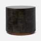 Dark wooden side table with a geometric pattern on a white background