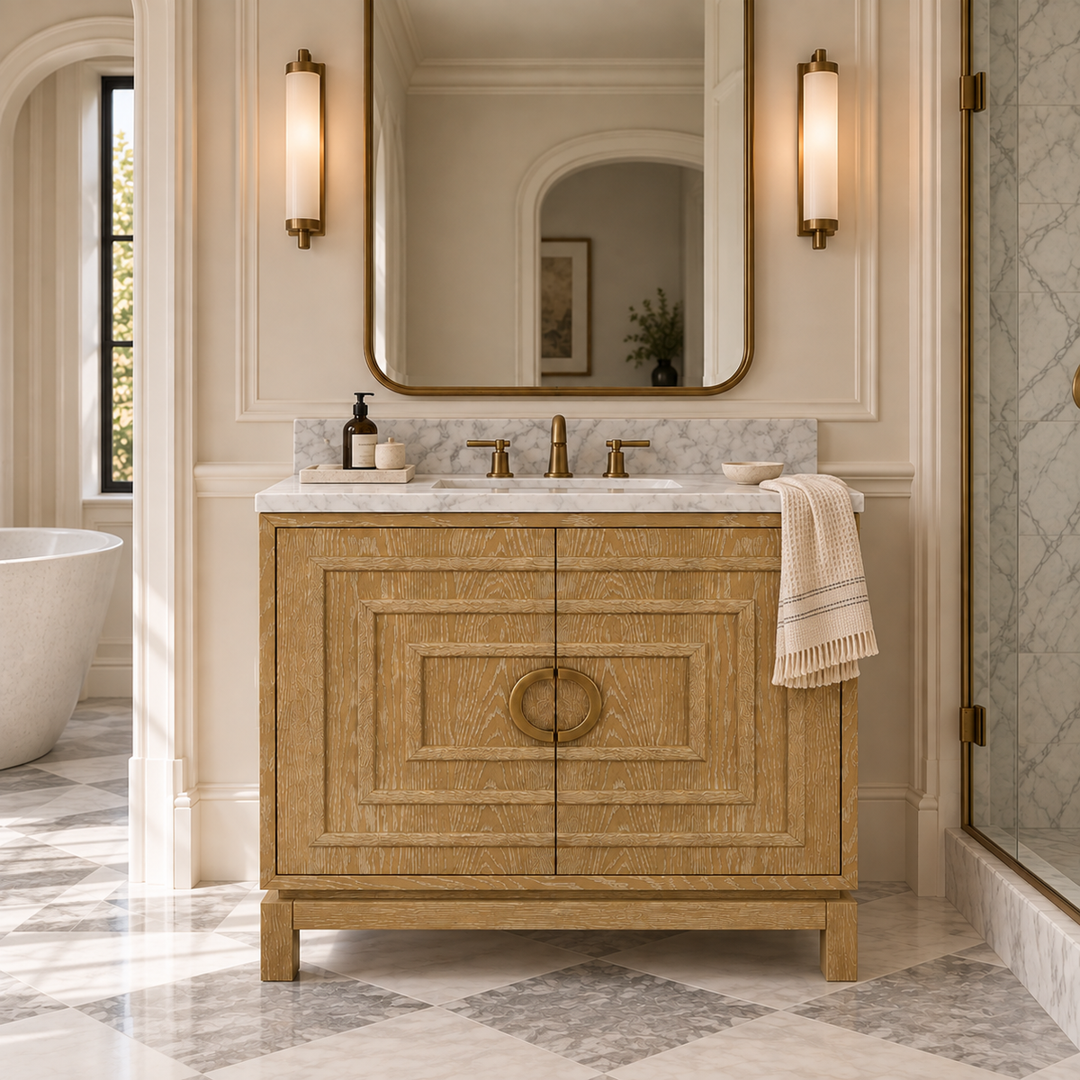 French-inspired bathroom with a natural wood vanity, white marble countertop, brass hardware, crown moulding, and cool-toned marble tile flooring.