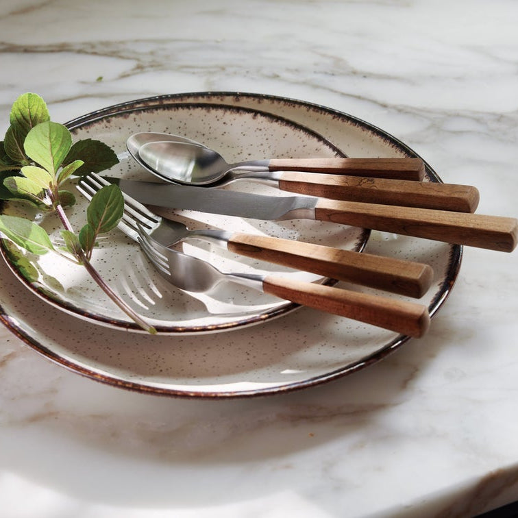 brown and silver flatware set