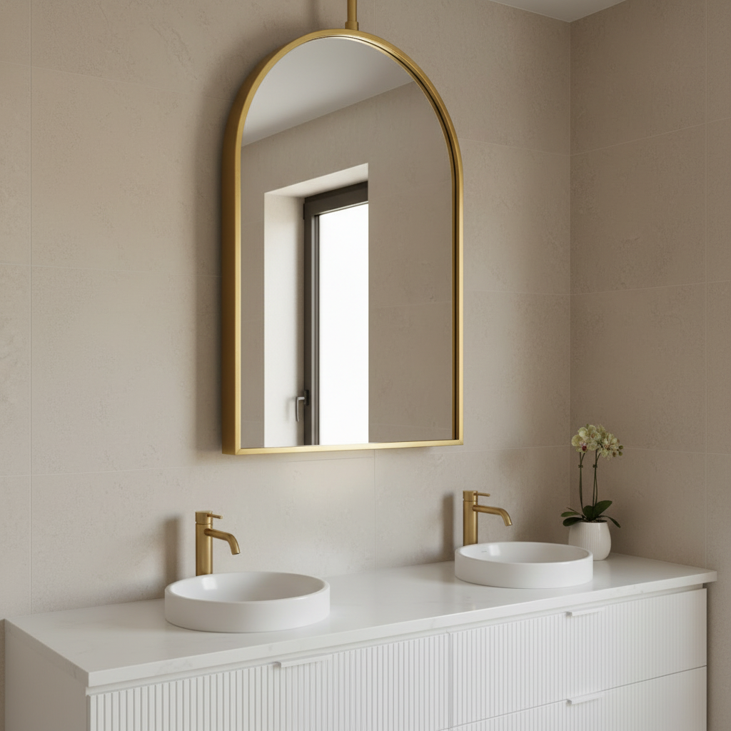 Bathroom vanity with gold-framed mirror and white sinks.