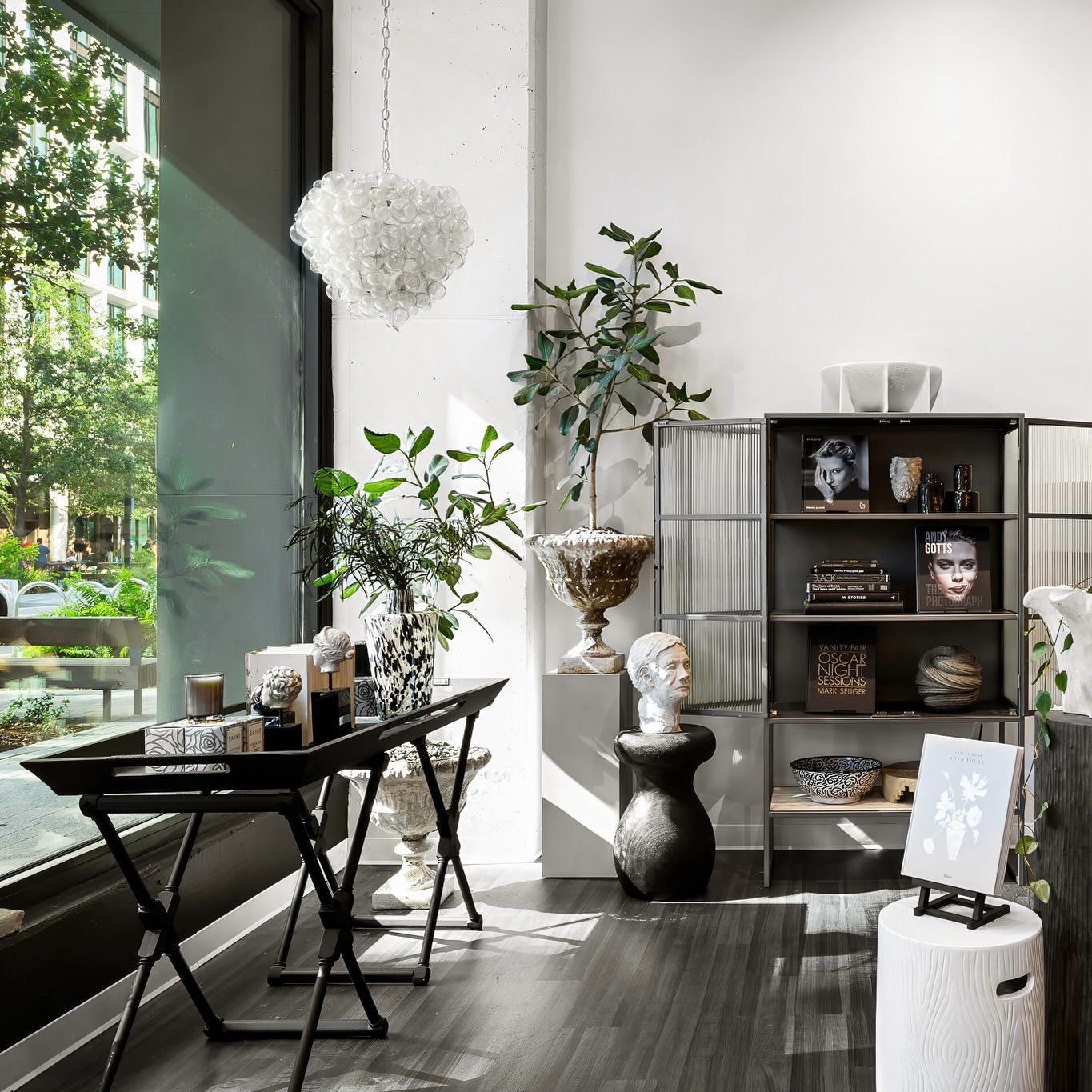 Modern interior with a bookshelf, plants, and decorative items.
