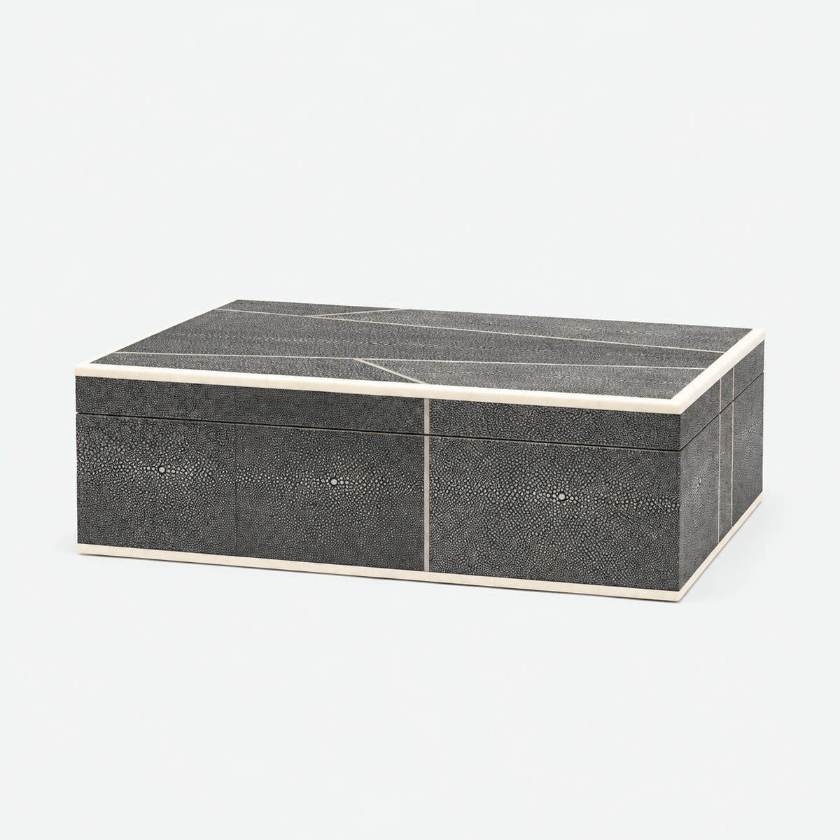A rectangular storage chest with a dark gray shagreen textured finish and light beige bone trim, shown on a clean white background.