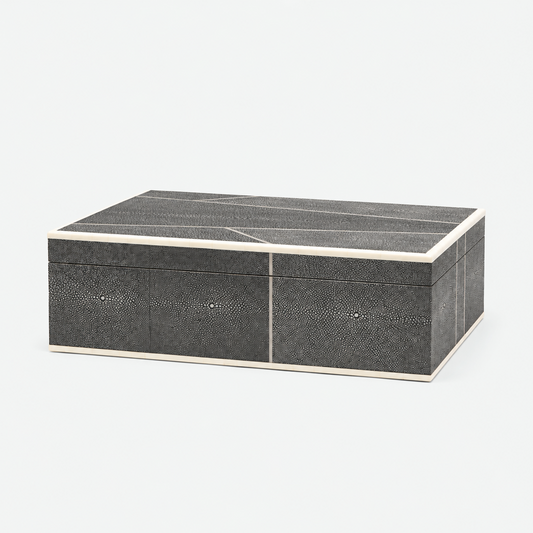 A rectangular storage chest with a dark gray shagreen textured finish and light beige bone trim, shown on a clean white background.
