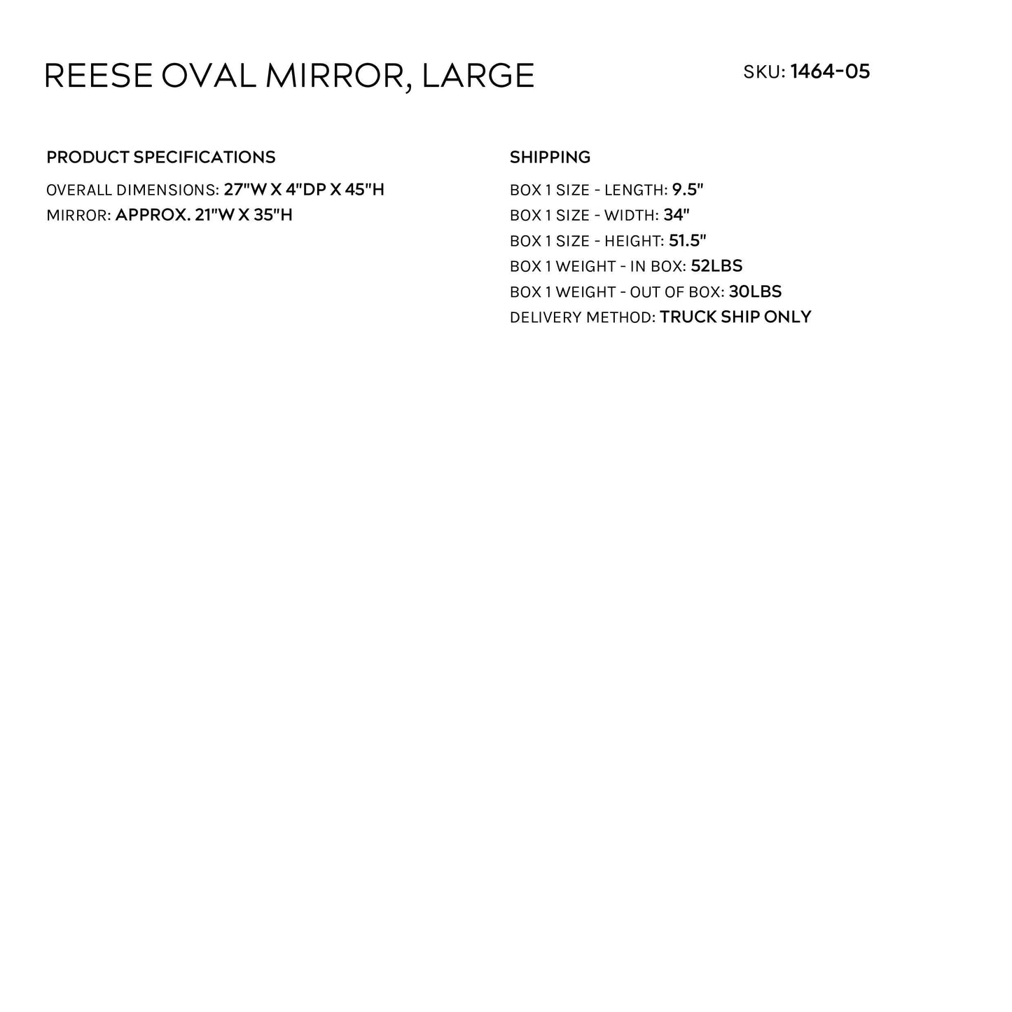 Product specifications for a large Reese Oval Mirror with dimensions and shipping details on a white background.