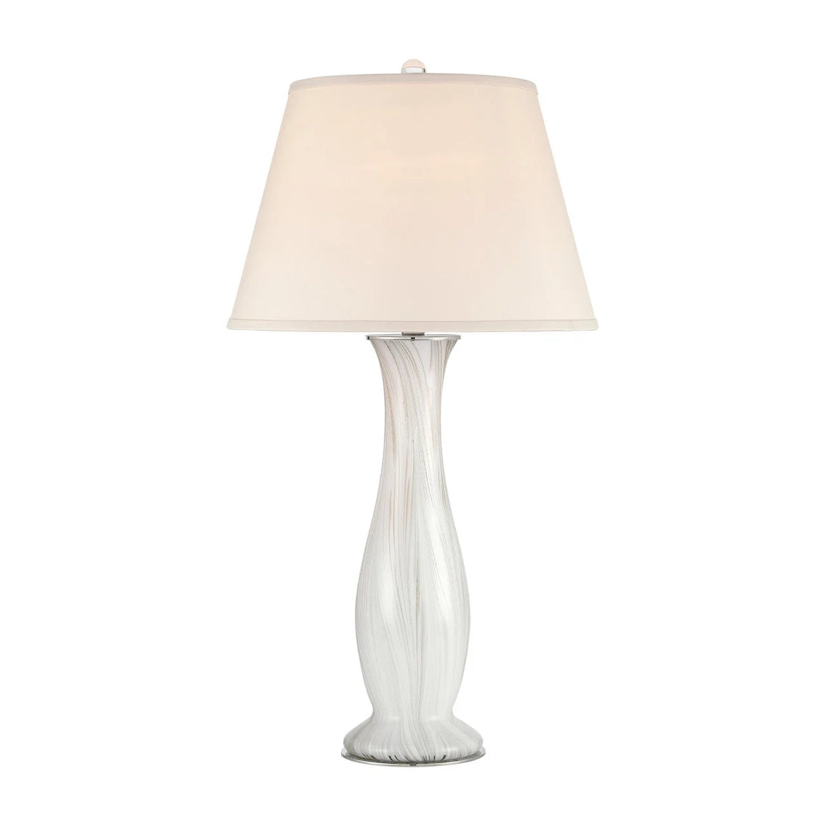 Table lamp with a white base and beige shade on a white background