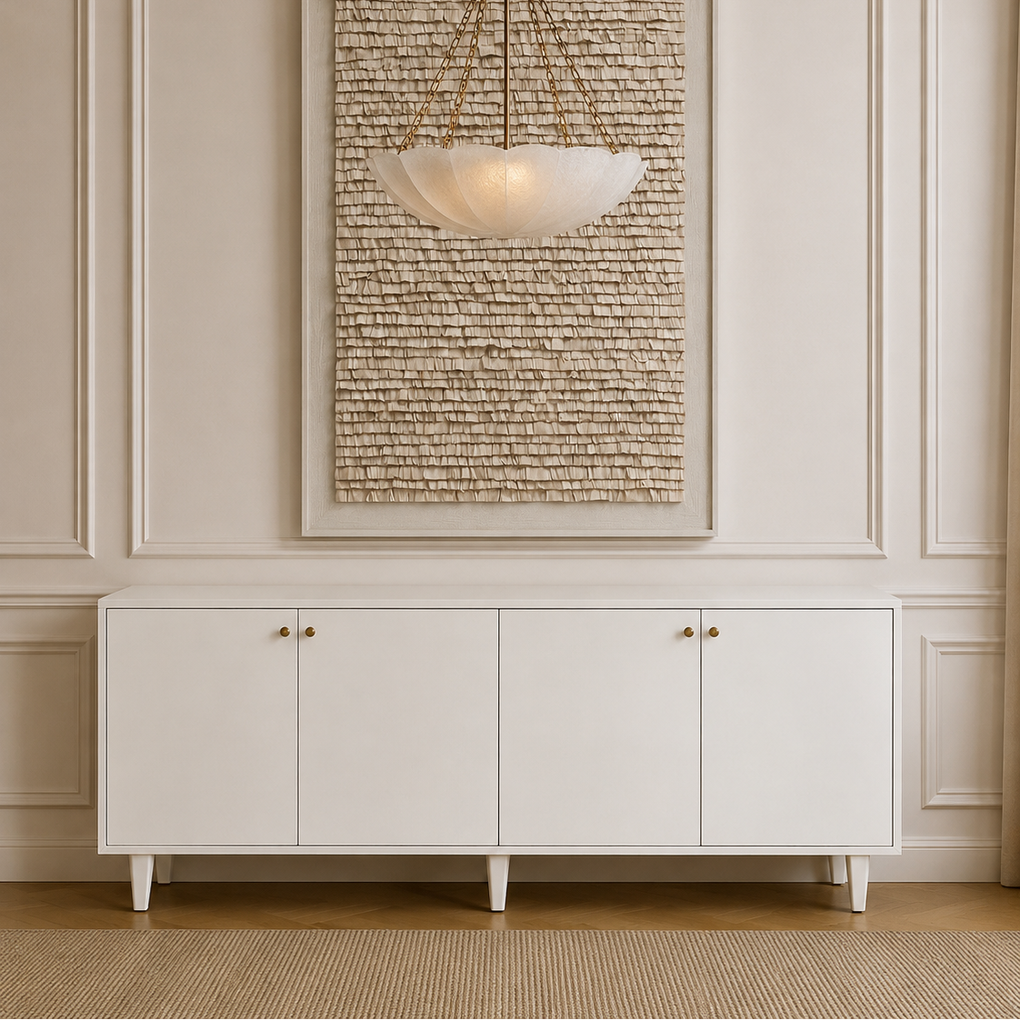 A modern pendant light with a frosted white bowl shade and bronze chain hardware hangs in front of a large framed textured artwork above a white sideboard cabinet in a classic cream paneled room.