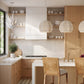 A modern kitchen interior with light wood cabinetry, white countertops, woven pendant lights, a black-and-white checkered floor, and two wooden bar stools in the foreground.