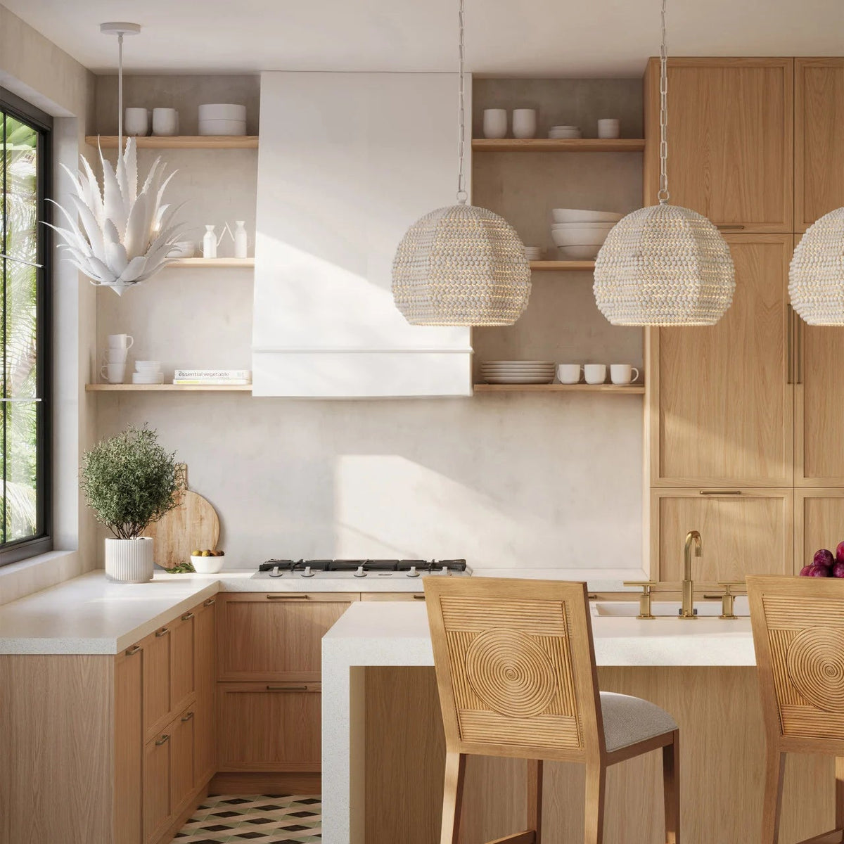 A modern kitchen interior with light wood cabinetry, white countertops, woven pendant lights, a black-and-white checkered floor, and two wooden bar stools in the foreground.