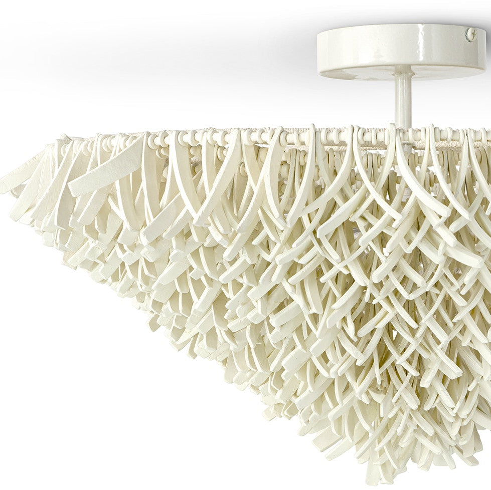 Ceiling light fixture with a textured, lattice design on a white background