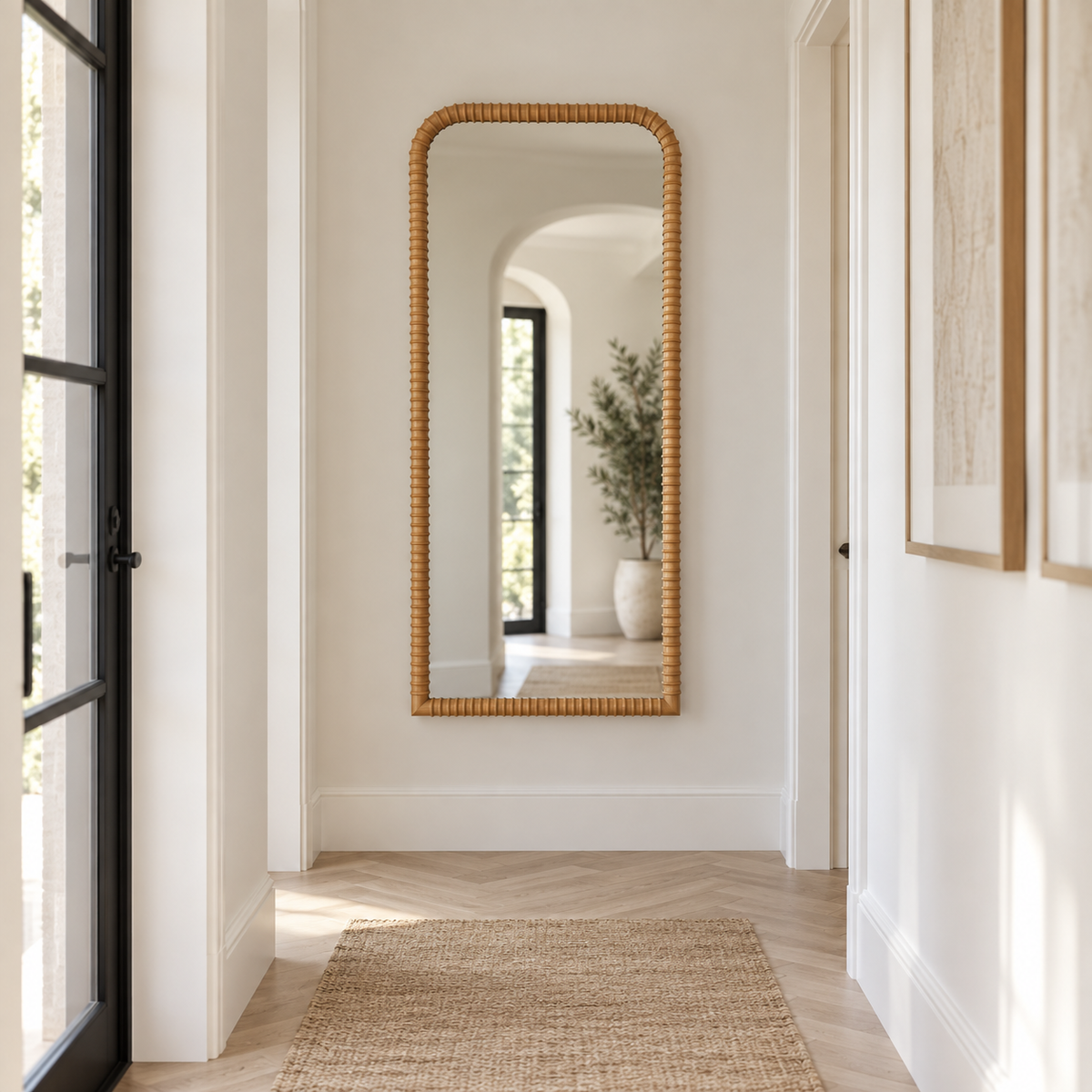 A tall, rectangular wall mirror with a woven natural wood frame hangs on a white wall in a bright hallway with light wood floors and a woven rug.