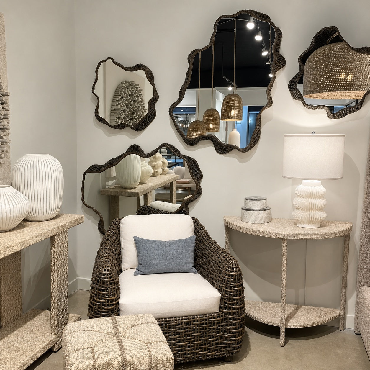 A styled interior scene featuring a dark woven rattan armchair with white cushions, a matching ottoman, a curved beige side table with a white table lamp, and several organic-shaped dark-framed mirrors on a light gray wall.