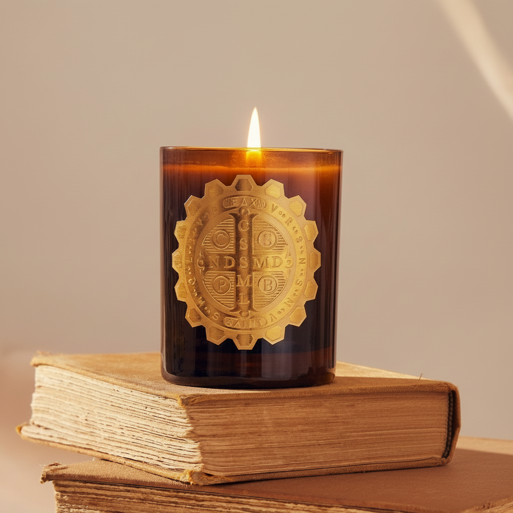 Candle with a gold emblem on a stack of books against a beige background