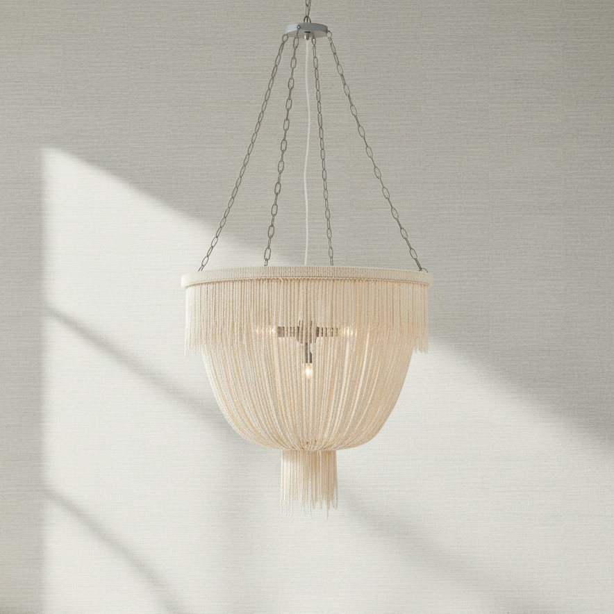 Beige pendant light hanging against a white wall with soft shadows