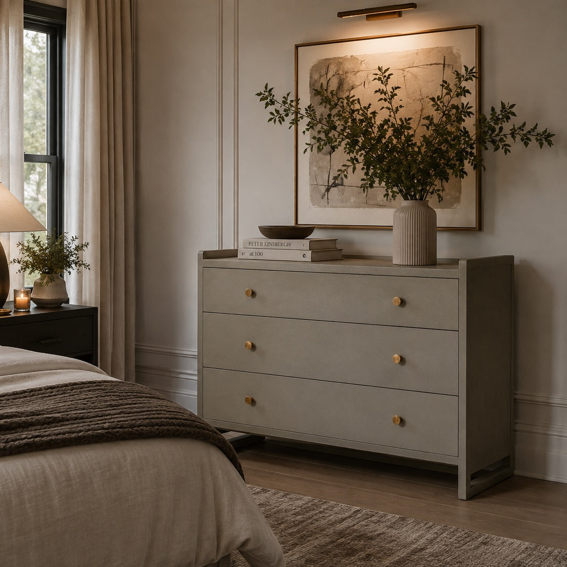 A styled bedroom interior featuring a light gray three-drawer dresser with small gold knobs, styled with books, a vase of greenery, and a framed print on a beige wall. A bed with neutral linens and a dark throw blanket is visible on the left, along with a bedside lamp and window.