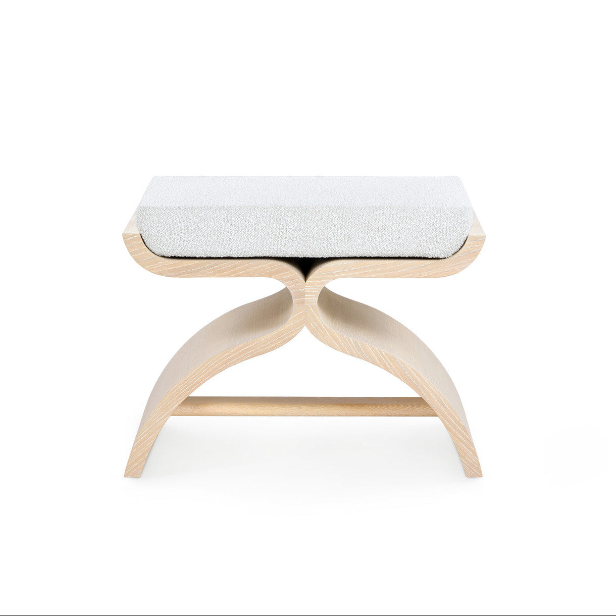 Modern stool with a white cushioned seat and wooden legs on a white background