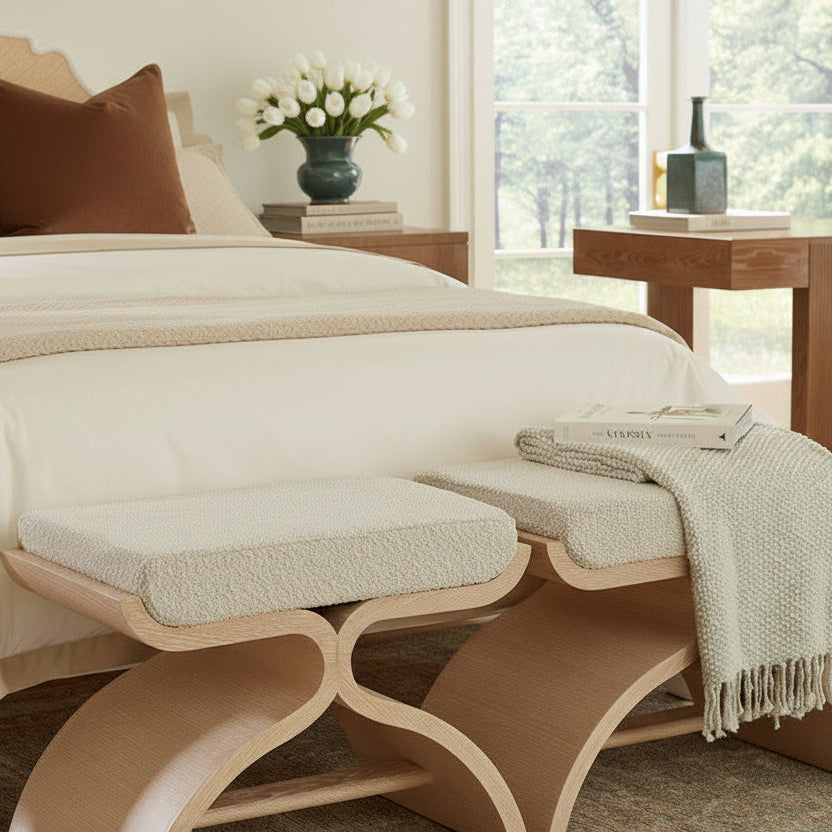 Neatly made bed with a wooden bench at the foot in a bright bedroom.