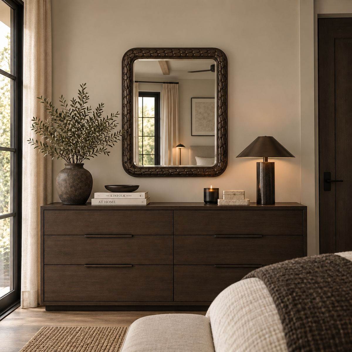 A dark brown wooden dresser in a styled bedroom setting, featuring a large ornate dark wood mirror, a black table lamp, a ceramic vase with greenery, and books on top.