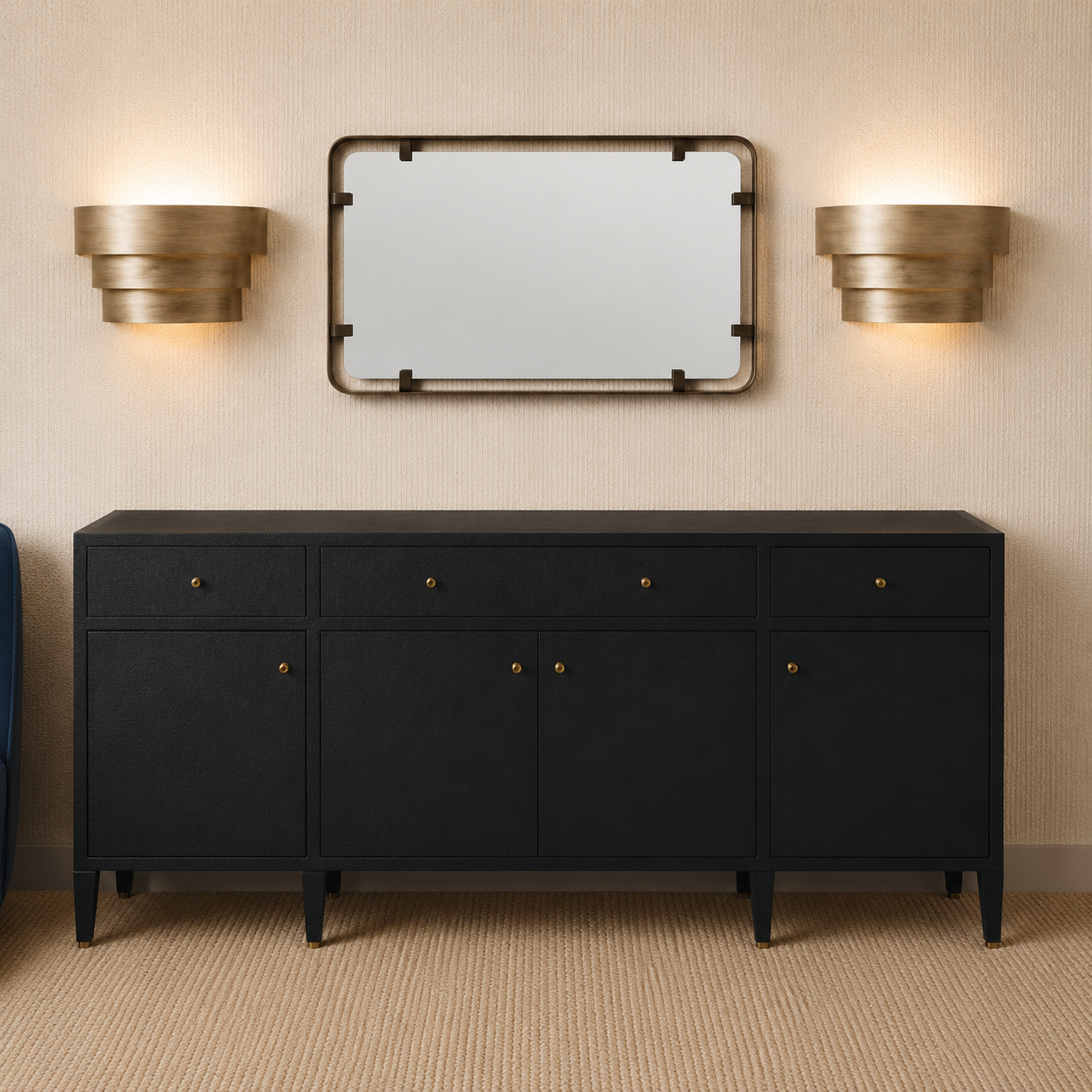 A black wooden console cabinet with brass hardware, styled in a bedroom setting under a rectangular mirror and flanked by two gold wall sconces.