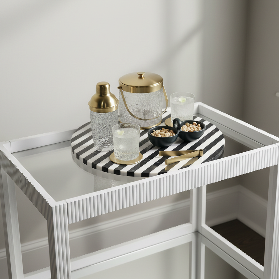 White side table with a black and white striped tray holding decorative items against a plain wall.