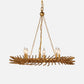 A brass six-light chandelier with a leafy, branch-like circular frame, suspended by chains from a matching ceiling canopy, shown against a light gray background.