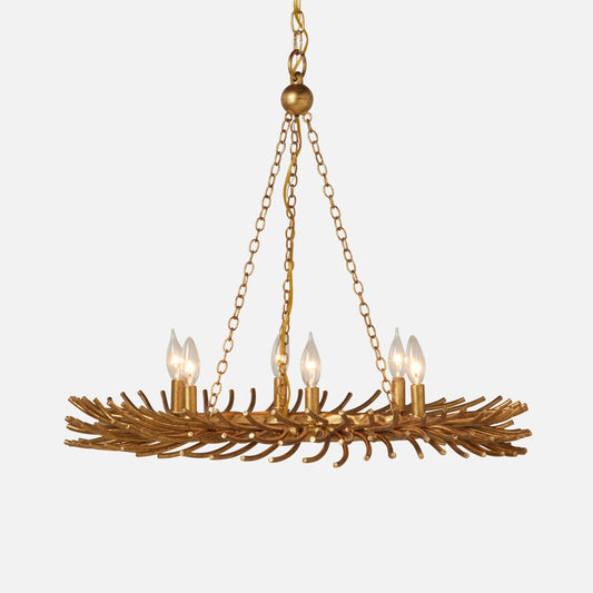 A brass six-light chandelier with a leafy, branch-like circular frame, suspended by chains from a matching ceiling canopy, shown against a light gray background.
