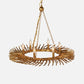 A gold-finished chandelier with a circular ring of sunburst branches holding six candle-style bulbs, suspended by chains against a light gray background.