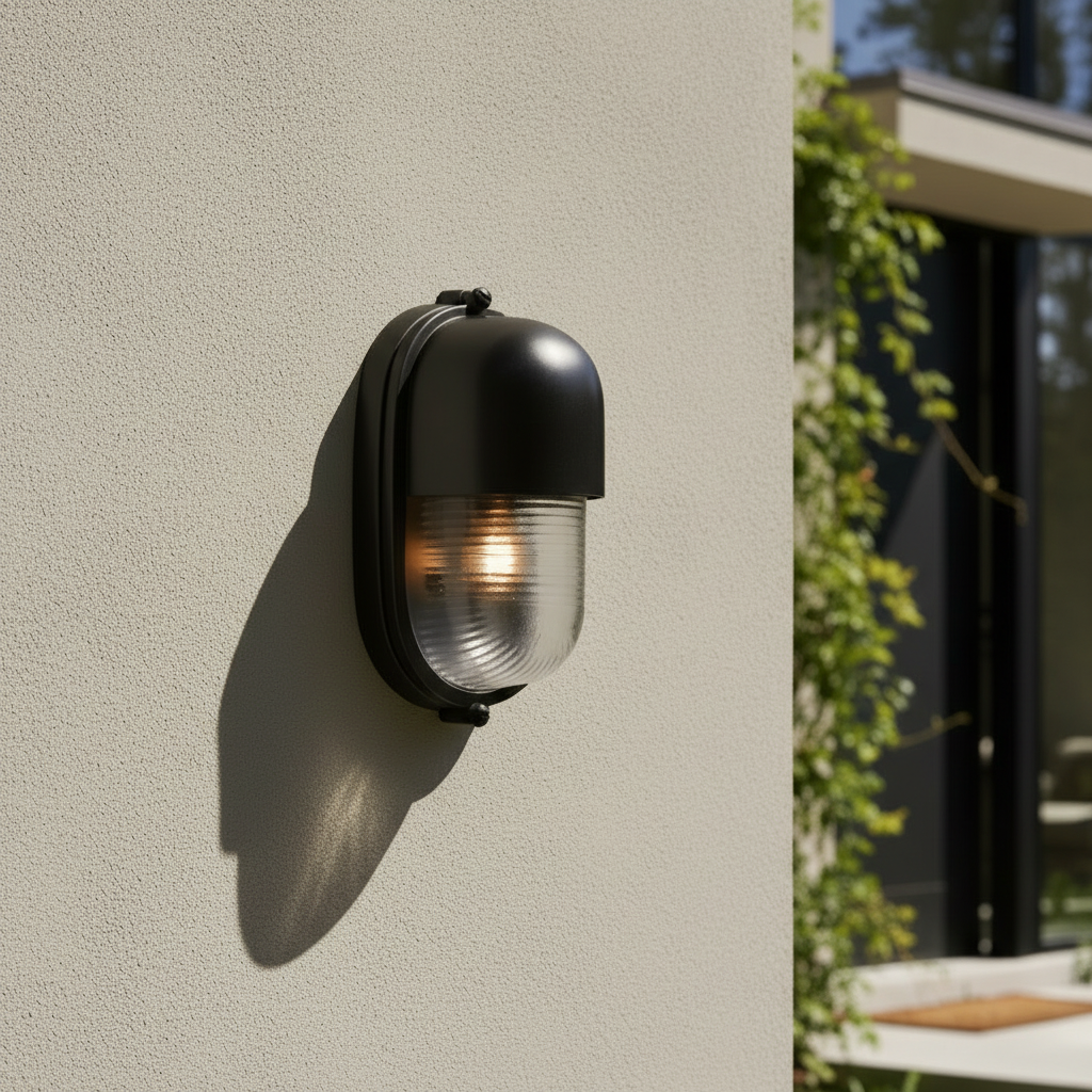 A modern black outdoor wall sconce with a clear ribbed glass shade, mounted on a textured beige stucco wall and casting a warm light, with a blurred outdoor background on the right.