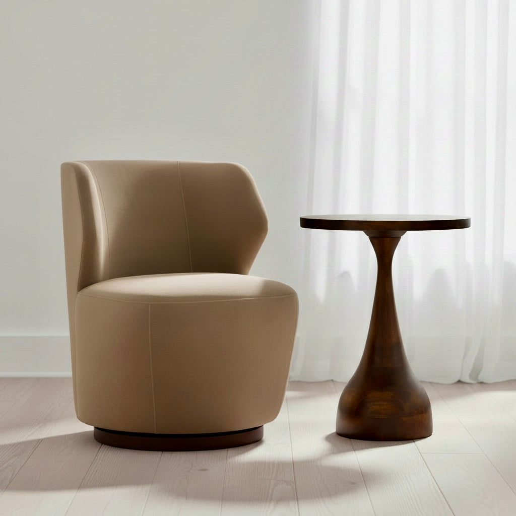 Beige armchair and wooden side table in a minimalistic room with white curtains.