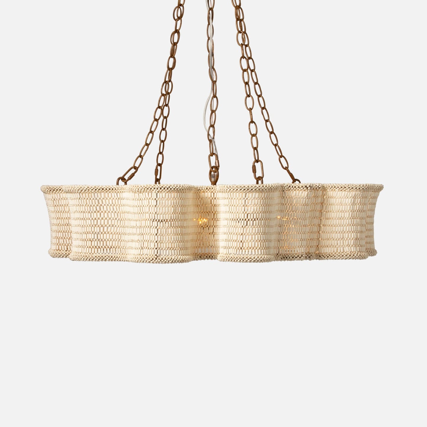 Woven pendant light with chain on a white background