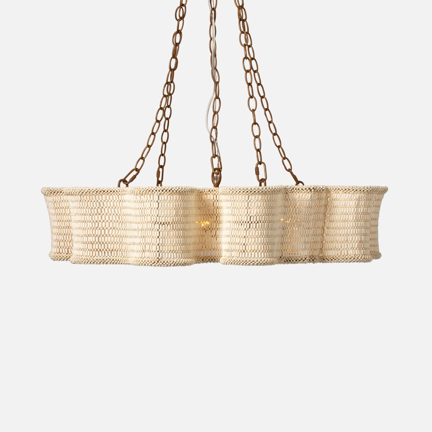 Woven pendant light with chain on a white background
