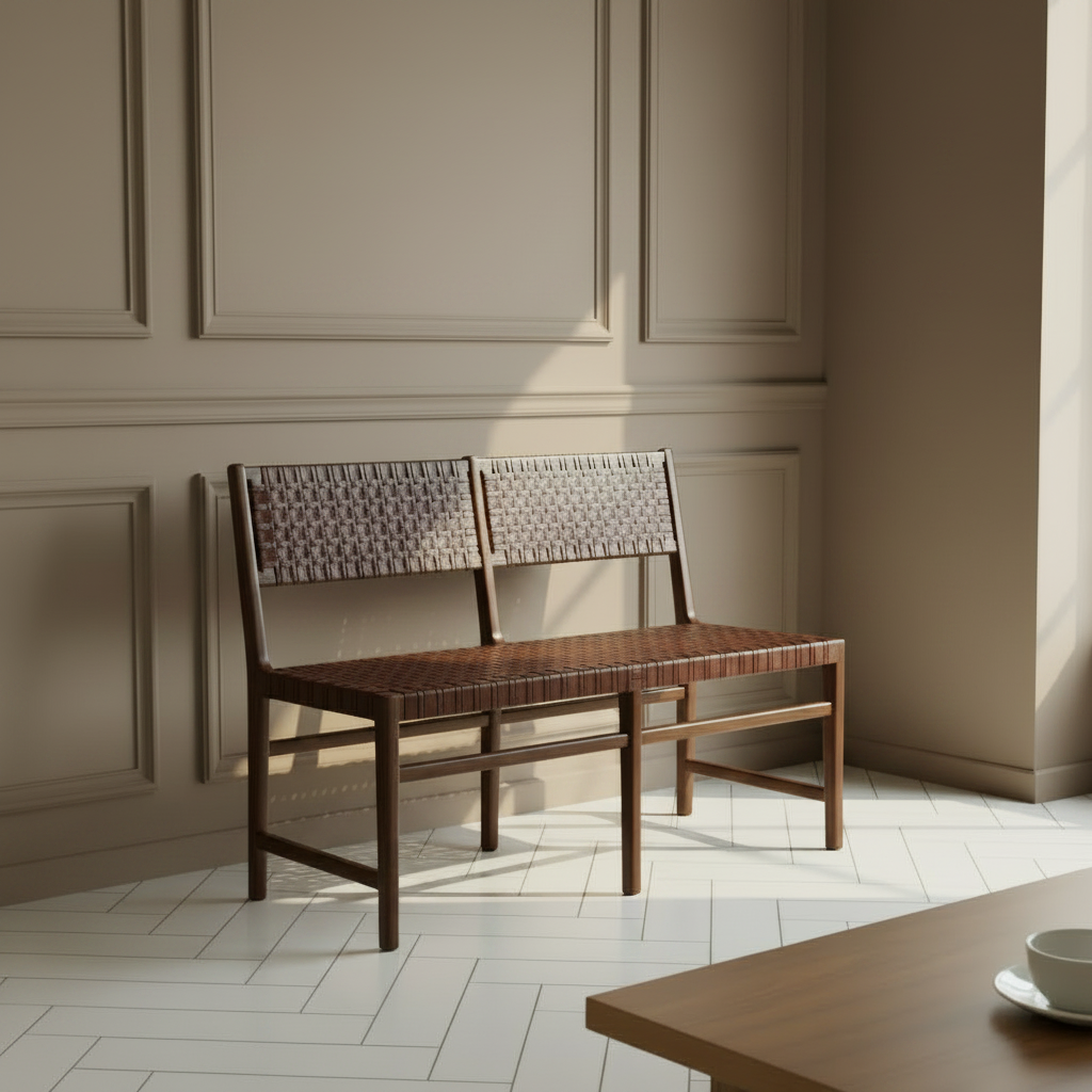 A two-seat wooden bench with woven brown backrests and seat, positioned in a bright room with white paneled walls and herringbone tile flooring.