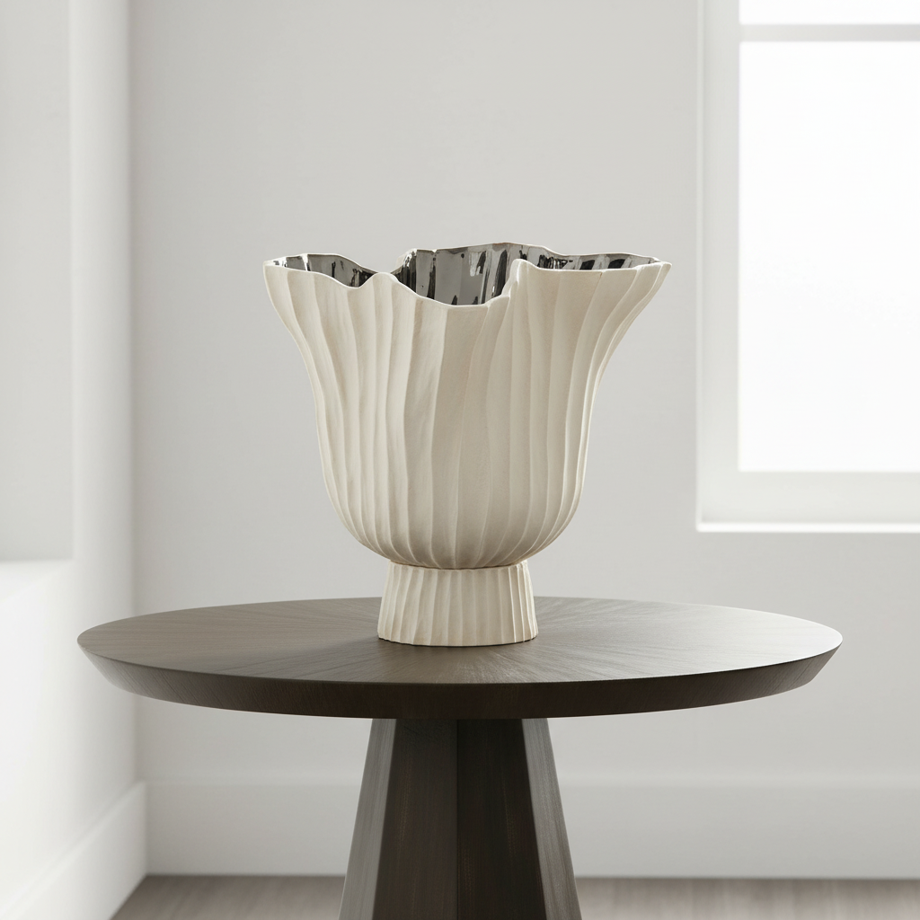 Decorative vase on a round wooden table with a neutral background (demetrius)