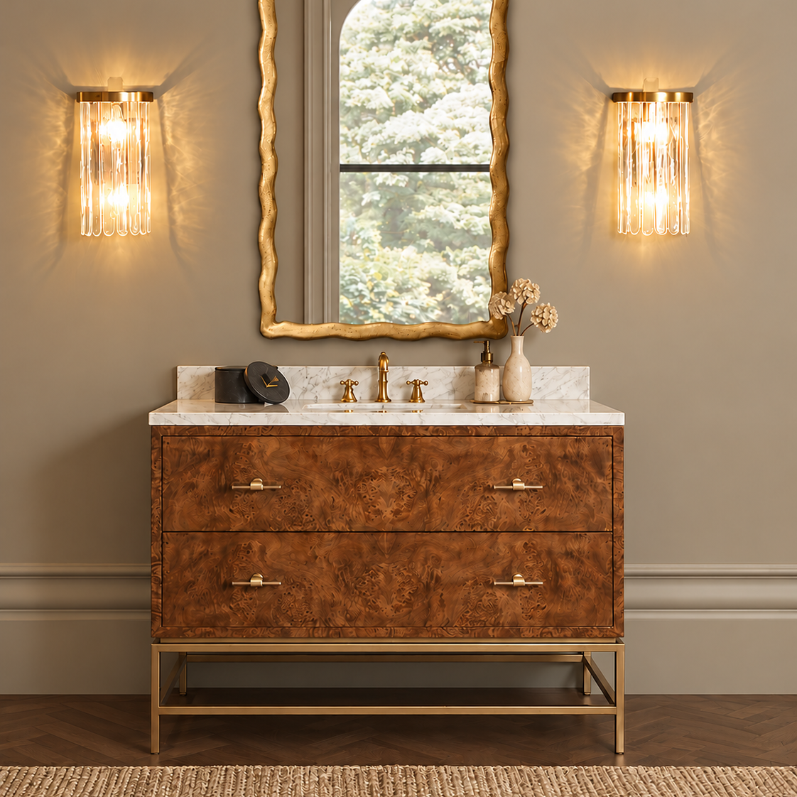 A luxury bathroom vanity featuring a rich burl wood cabinet with brass hardware, a white marble countertop, and a matching gold-framed mirror. Flanking the mirror are two matching gold wall sconces, and the scene is completed with a woven rug on a dark wood floor.