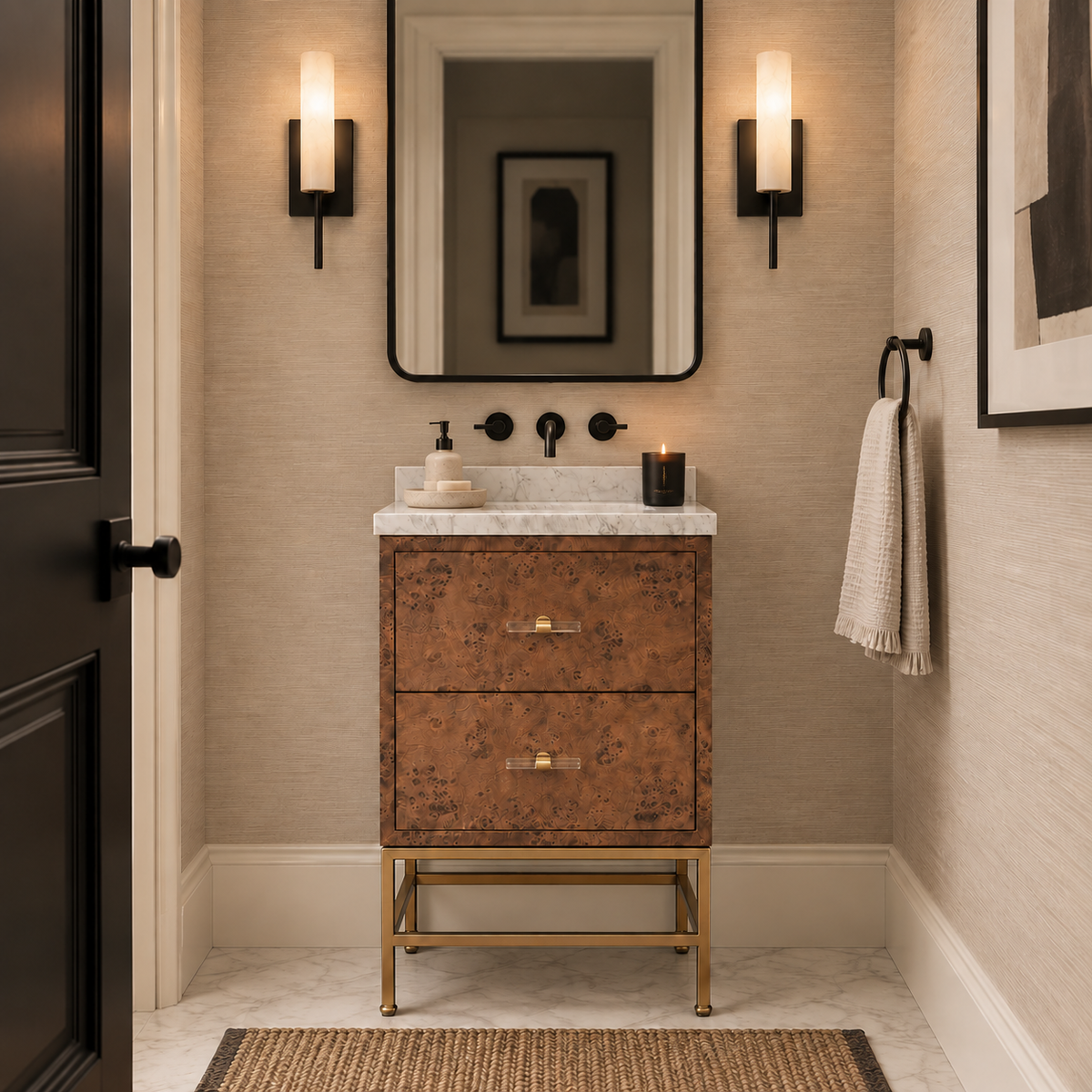 A luxury bathroom vanity featuring a copper-brown textured cabinet with gold legs, a white marble countertop, and a large rectangular mirror above. The bathroom has beige wallpaper, black sconces, a black door on the left, and a white towel hanging on the right.