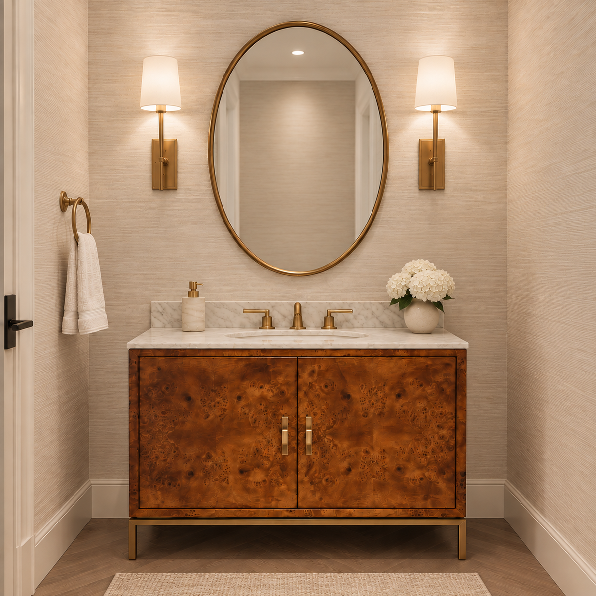 burl wood single sink vanity with a white and gray marble top