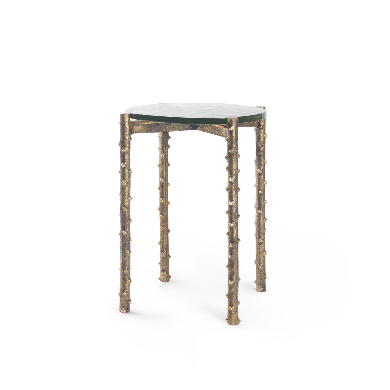 Small round table with unique bamboo-like legs on a white background