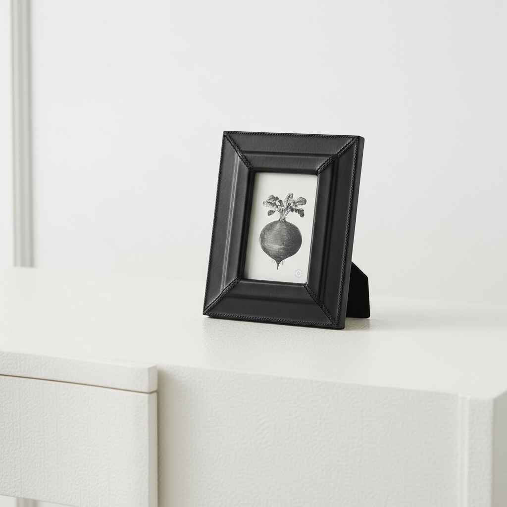 Black photo frame with a small print on a white surface